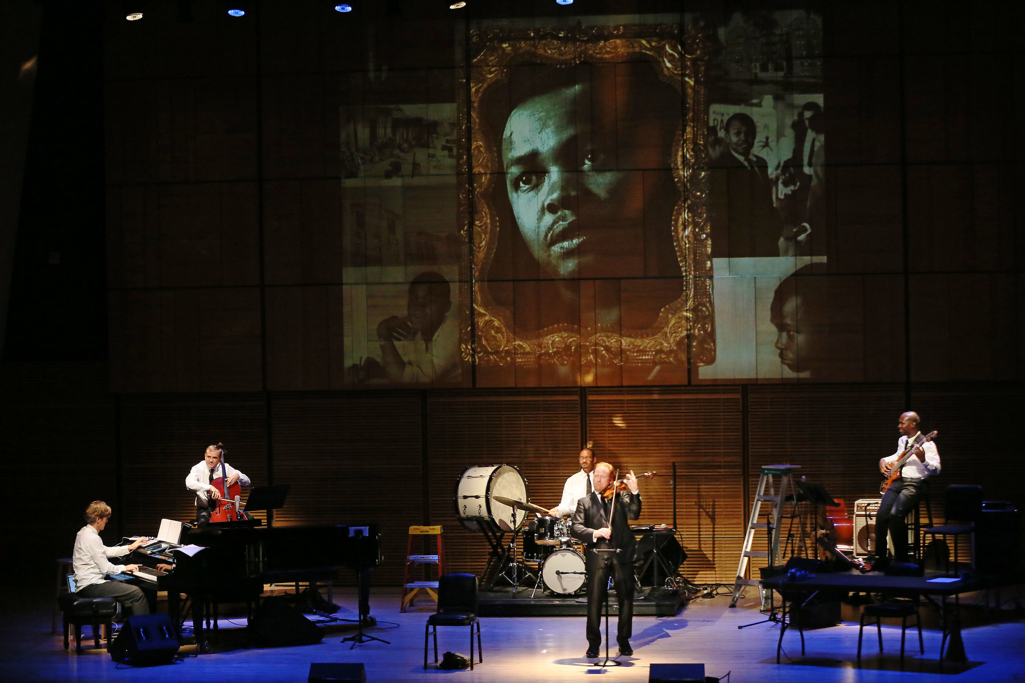 “A Distant Drum,” with, from left, Ralf Schmid, Vincent Segal, Jason Marsalis, Daniel Hope and Michael Olatuja in this show at Zankel Hall. Credit Ruby Washington/The New York Times